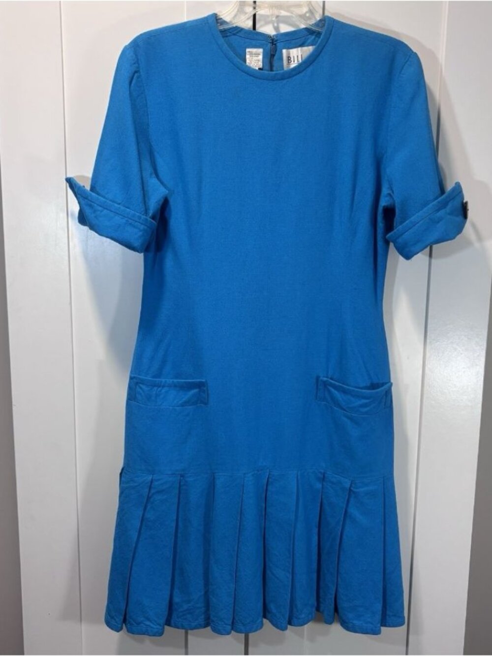 Vintage Bill Blass Linen Blend Drop Waist Dress Blue Size 12 Pockets 80s 90s
